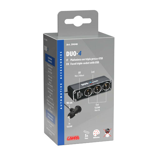 Adaptér s 3 zásuvkami na zapalovač + 1 USB portem 12/24V