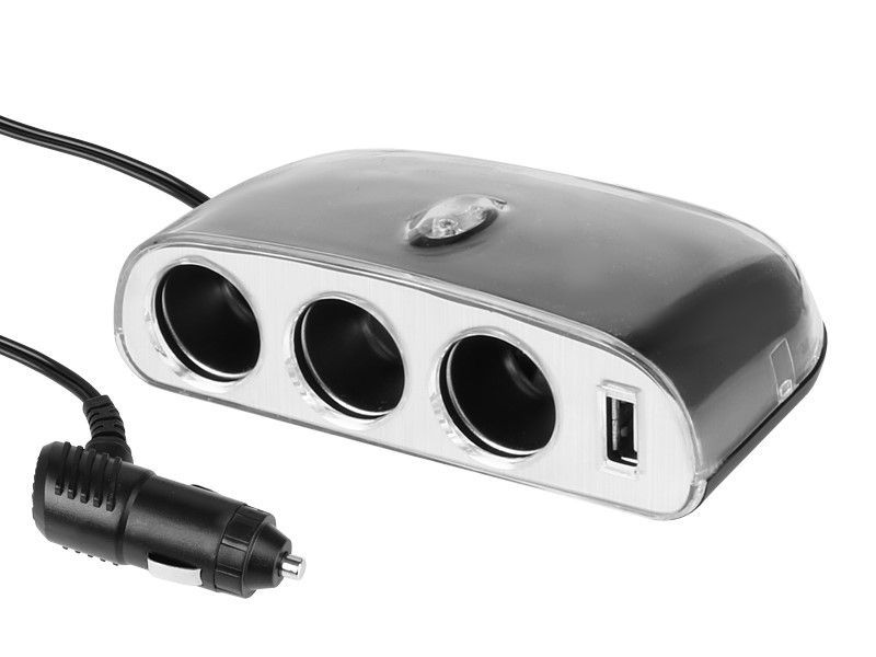 3-way car cigarette lighter splitter with USB port
