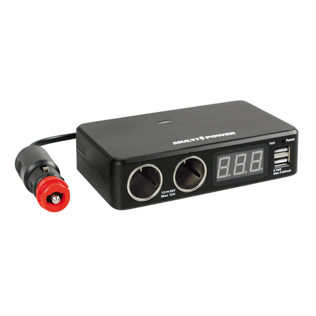 Dvojitý zásuvkový rozdělovač s 2 USB výstupy a voltmetrem