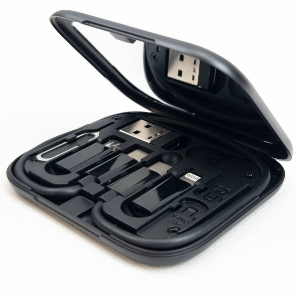 Sada adaptérů a kabel k nabíjení a prenosu dát v pouzdře se stojánkem na telefon